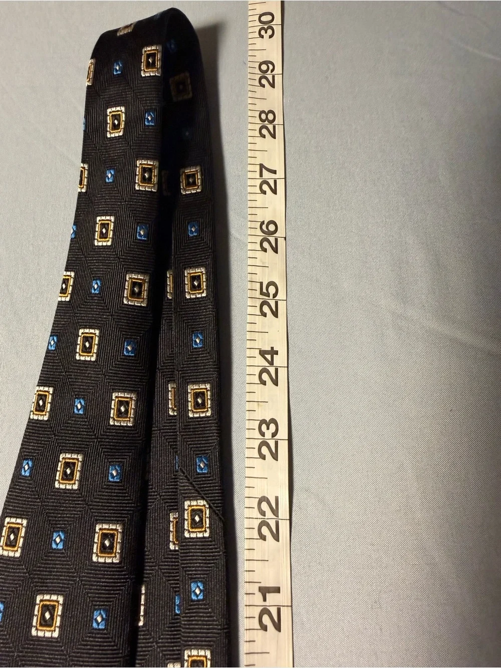 Jos. A. Bank Black Tie with Blue and Gold Geometric Squares